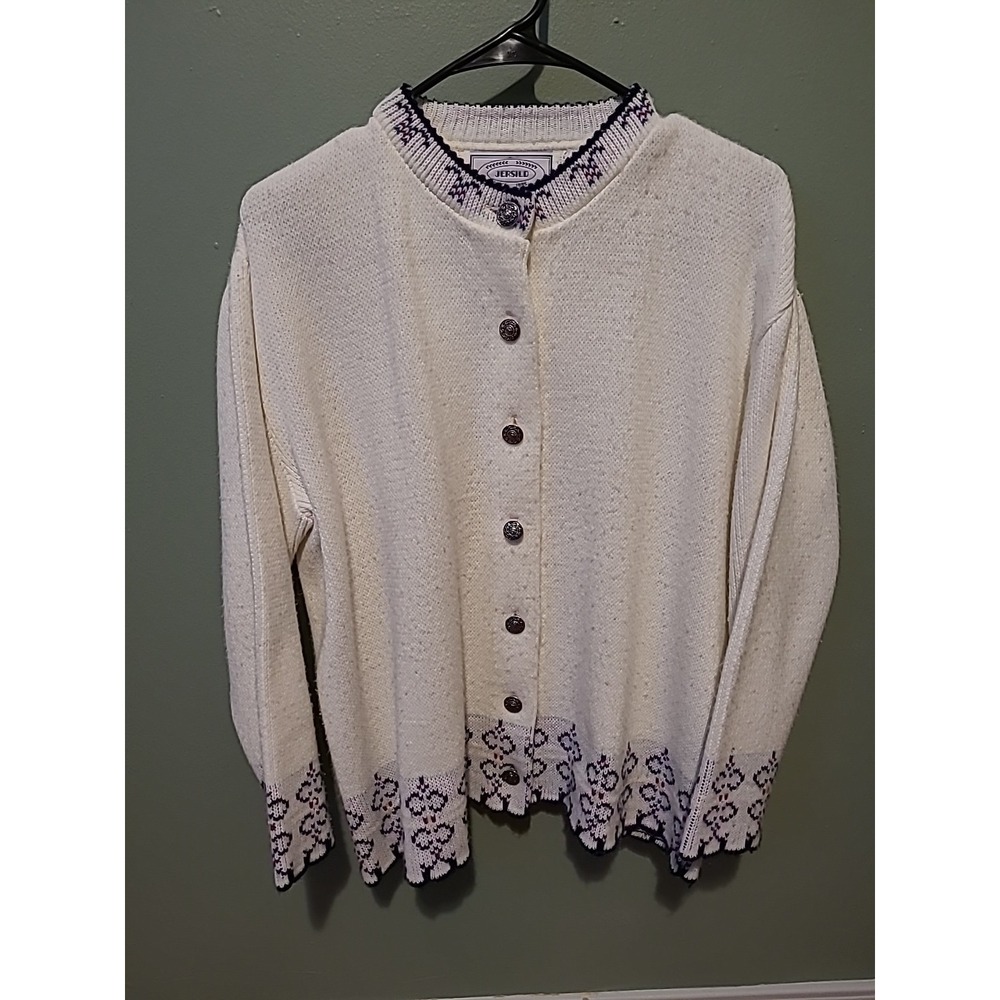 Vintage Jersild Virgin Wool Nordic Cardigan Sweater Button Down White Blue Sz 42